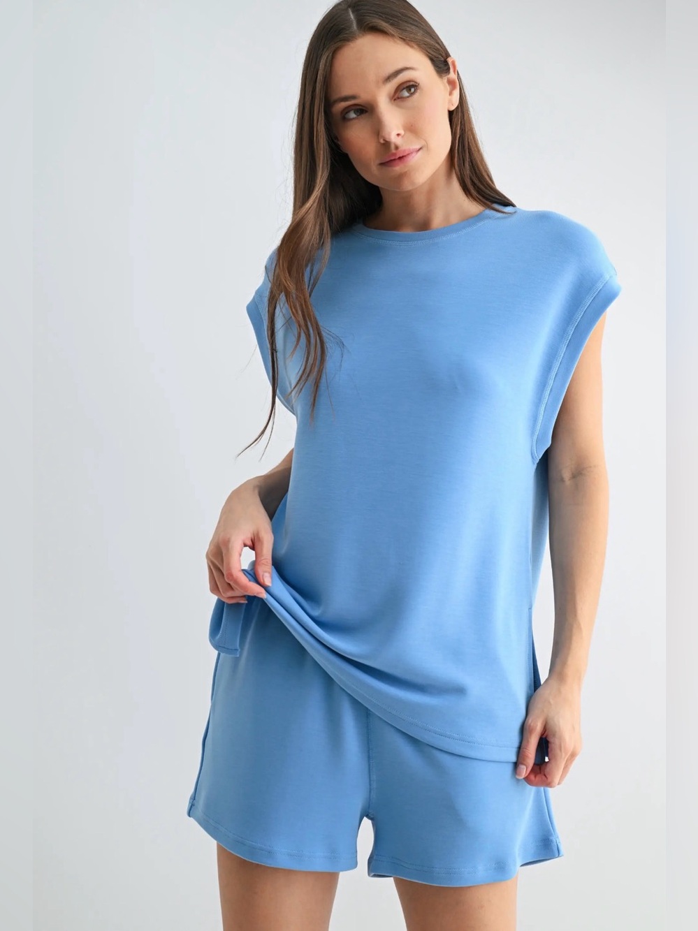 Relaxed Sleeveless Top in Sky Blue Shorts Set- Women